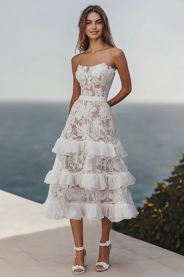 Ivory A Line Lace Midi Engagement Dress with Ruffles